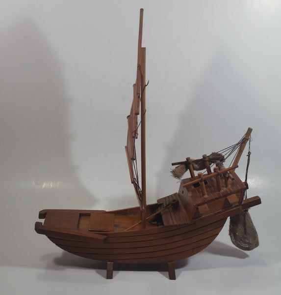 Nicely Detailed Oriental Asian Styled Wood Sail Wooden Sailboat Fishing Trawler Model Boat 13" Long 14 1/2" Tall Nautical Collectible