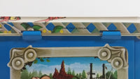 1985 Walt Disney Mickey and Minnie Mouse Snow White Characters Blue Hinged Tin Metal Container