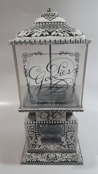 Vintage Very Unique Styled "Goodies" White Metal and Glass 10" Tall Ornate Gumball Candy Dispenser Machine