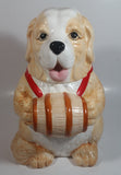 Cute Dog Holding Wooden Wine Barrel Keg 11" Tall Ceramic Cookie Jar Made in Taiwan