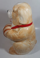 Cute Dog Holding Wooden Wine Barrel Keg 11" Tall Ceramic Cookie Jar Made in Taiwan