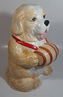 Cute Dog Holding Wooden Wine Barrel Keg 11" Tall Ceramic Cookie Jar Made in Taiwan