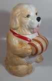 Cute Dog Holding Wooden Wine Barrel Keg 11" Tall Ceramic Cookie Jar Made in Taiwan