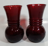 Set of 2 Vintage 1950s Anchor Hocking Ruby Red Pineapple Shaped Glass Etched Flower Vase 6 1/4 inch Tall