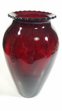 Vintage 1950s Anchor Hocking Etched Flowers and Leaves Ruby Red Glass Vase 9" Tall