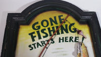 Gone Fishing Starts Here! Fishing Rod, Fish, and Basket 3D Folk Art Wood Wall Plaque Man Cave Outdoorsmen Sign 15 1/2" x 11 3/4"