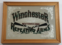 Vintage Winchester Repeating Arms New Haven Conn. Wood Framed Glass Mirror Gun Rifle Advertising Man Cave Cabin Wall Hanging 9" x 12"