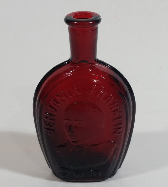 Vintage Wheaton President Benjamin Franklin 3" Tall Ruby Red Embossed Miniature Glass Bottle