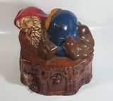 Vintage 1970s Gnome Dwarf Sleeping on a Tree Stump House with Fawn Peaking Through Door Ceramic Cookie Jar
