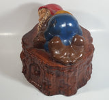 Vintage 1970s Gnome Dwarf Sleeping on a Tree Stump House with Fawn Peaking Through Door Ceramic Cookie Jar