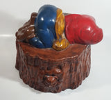 Vintage 1970s Gnome Dwarf Sleeping on a Tree Stump House with Fawn Peaking Through Door Ceramic Cookie Jar