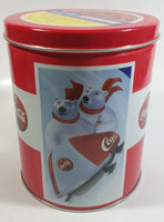 Coca-Cola Coke Soda Pop Drink Beverage Polar Bear Red and White Round Tin Metal Canister Collectible with Carriage Trade Mini Twist Pretzel Sticker Still On The Lid