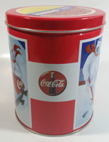 Coca-Cola Coke Soda Pop Drink Beverage Polar Bear Red and White Round Tin Metal Canister Collectible with Carriage Trade Mini Twist Pretzel Sticker Still On The Lid