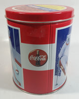 Coca-Cola Coke Soda Pop Drink Beverage Polar Bear Red and White Round Tin Metal Canister Collectible with Carriage Trade Mini Twist Pretzel Sticker Still On The Lid