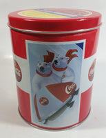 Coca-Cola Coke Soda Pop Drink Beverage Polar Bear Red and White Round Tin Metal Canister Collectible with Carriage Trade Mini Twist Pretzel Sticker Still On The Lid