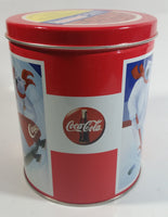 Coca-Cola Coke Soda Pop Drink Beverage Polar Bear Red and White Round Tin Metal Canister Collectible with Carriage Trade Mini Twist Pretzel Sticker Still On The Lid