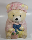 Cute Teddy Bear Wearing Pink Bonnet with Basket Ceramic Cookie Jar