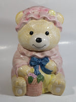 Cute Teddy Bear Wearing Pink Bonnet with Basket Ceramic Cookie Jar