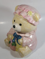 Cute Teddy Bear Wearing Pink Bonnet with Basket Ceramic Cookie Jar