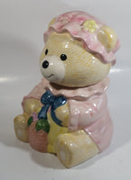 Cute Teddy Bear Wearing Pink Bonnet with Basket Ceramic Cookie Jar