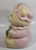 Cute Teddy Bear Wearing Pink Bonnet with Basket Ceramic Cookie Jar