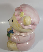 Cute Teddy Bear Wearing Pink Bonnet with Basket Ceramic Cookie Jar