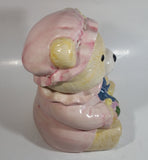 Cute Teddy Bear Wearing Pink Bonnet with Basket Ceramic Cookie Jar