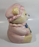 Cute Teddy Bear Wearing Pink Bonnet with Basket Ceramic Cookie Jar