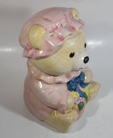 Cute Teddy Bear Wearing Pink Bonnet with Basket Ceramic Cookie Jar