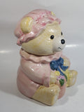 Cute Teddy Bear Wearing Pink Bonnet with Basket Ceramic Cookie Jar