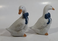 1990s Pair of White Goose Geese with Blue Bows Ceramic Salt and Pepper Shakers