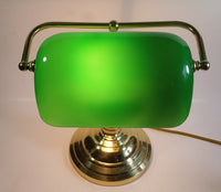 Vintage Style Curved Green Glass on Brass Bankers Desk Lamp 15" Tall