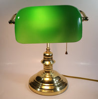 Vintage Style Curved Green Glass on Brass Bankers Desk Lamp 15" Tall