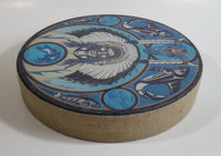 Rare Version Clarence A. Wells Port Simpson, B.C. Aboriginal Art Chief with Orca Whales, Salmon, and Buffalo Skull Blue Tone Deer Hide Rimmed Drum Print