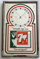 Vintage Hard To Find Rare Stamford Art "Fresh Up" with 7up "Ca Rivagote" Glass Mirror Wood Framed Soda Pop Beverage Advertising Clock 13 1/2" x 21"