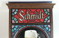 Rare Version Vintage 1970s Schmidt Beer Stained Glass Style Hard Plastic 15" x 18 1/2" Electric Plug In Clock Sign Working