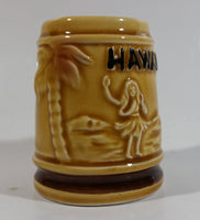 Hawaii Hula Girl Palm Trees Pineapples Ceramic Raised Relief Miniature 2 3/8" Tall Beer Stein Shaped Shot Glass