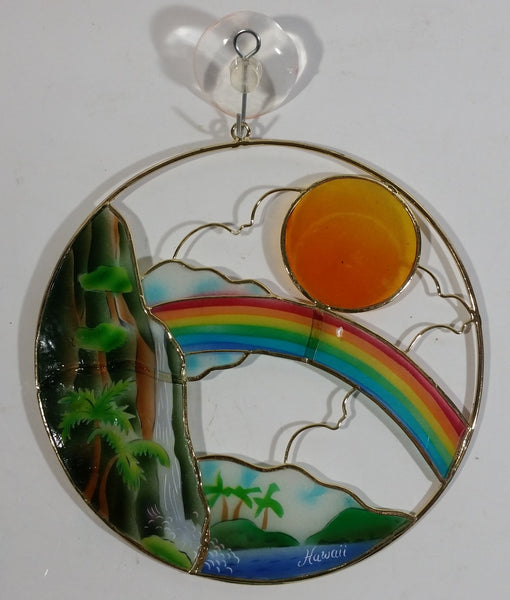 Hawaii Waterfall, Rainbow, and Sun Themed Circular Stained Glass Style Window Hanging 6"