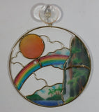 Hawaii Waterfall, Rainbow, and Sun Themed Circular Stained Glass Style Window Hanging 6"