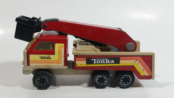 Vintage Early 1980s Tonka Crane Boom Truck Red and Beige Pressed Steel Toy Car Vehicle Collectible