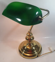 Vintage Style Curved Green Glass on Brass Bankers Desk Lamp 15" Tall