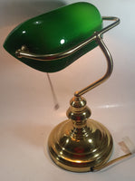 Vintage Style Curved Green Glass on Brass Bankers Desk Lamp 15" Tall