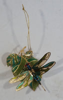 Baldwin 24KT Gold on Brass Green and Blue Dragon Fly on Leaves Christmas Tree Ornament