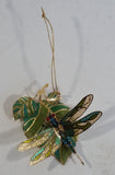Baldwin 24KT Gold on Brass Green and Blue Dragon Fly on Leaves Christmas Tree Ornament