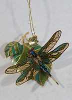 Baldwin 24KT Gold on Brass Green and Blue Dragon Fly on Leaves Christmas Tree Ornament