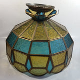 Vintage Yellow and Blue Leaded Glass Hanging Swag Lamp Light Fixture