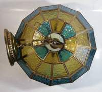 Vintage Yellow and Blue Leaded Glass Hanging Swag Lamp Light Fixture