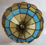 Vintage Yellow and Blue Leaded Glass Hanging Swag Lamp Light Fixture