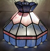 Vintage Pink Blue and Clear Slag Marble Stained Glass Swag Hanging Lamp Light Fixture