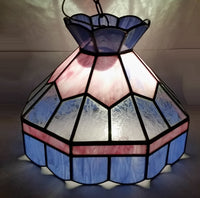 Vintage Pink Blue and Clear Slag Marble Stained Glass Swag Hanging Lamp Light Fixture